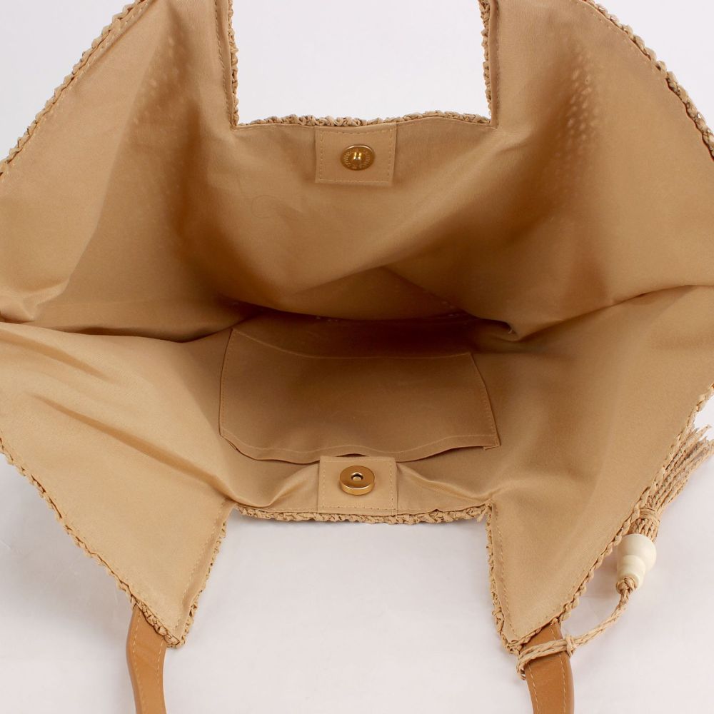 Sac Carré Femme En Raphia Tissé Uni À Pompons, Style Vacances h5Image4