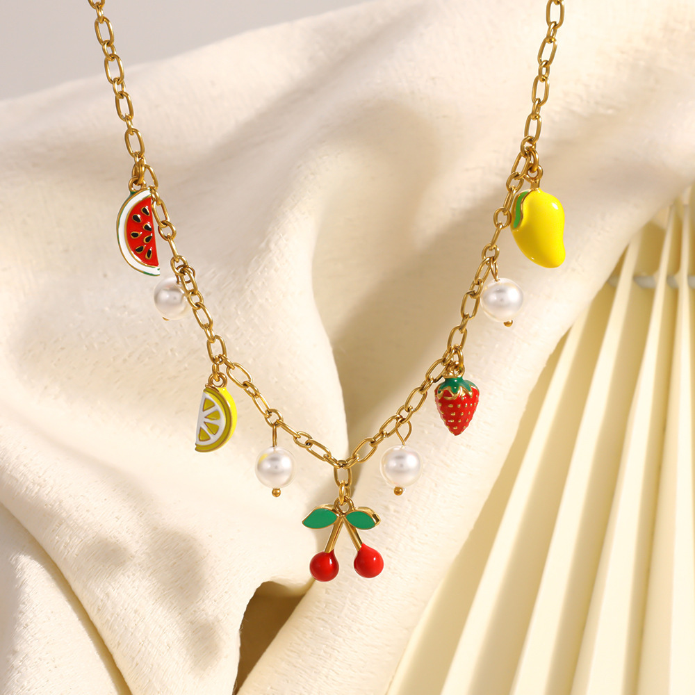 Colliers Pendentifs Pour Femmes, Collection Romantique, Motif Cœur Et Fruit, En Acier Inoxydable Étanche, Couleur Or Image2