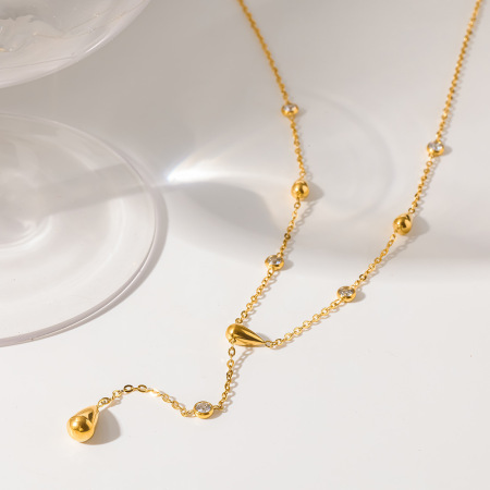 Colliers pendentifs pour femmes en acier inoxydable, étanches, couleur or, en forme de goutte simple, avec zircon.
