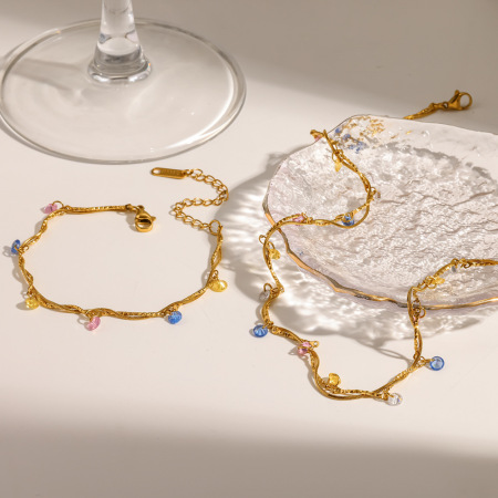 Ensembles de colliers pour femmes en acier inoxydable étanche, couleur or, ornés de strass 2
