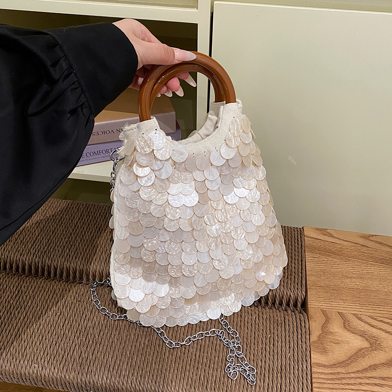Sac Demi-Lune Pour Femme, Style Soirée, Tissé À Sequins, Uni, Perles, Coquillages. Image4