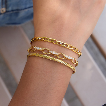 Bracelet chaîne simple en acier inoxydable, étanche, couleur or, orné de strass, pour femme