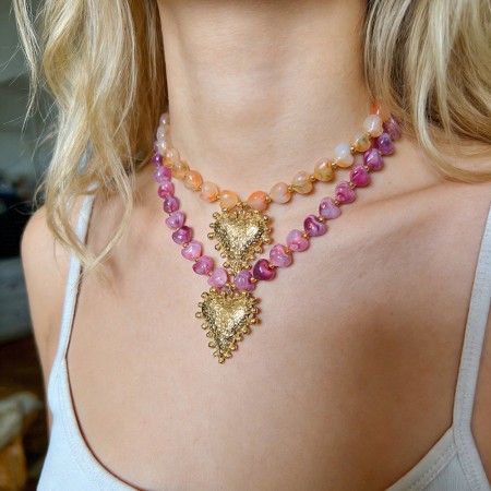 Colliers de perles pour femmes avec pendentif cœur en résine style rétro