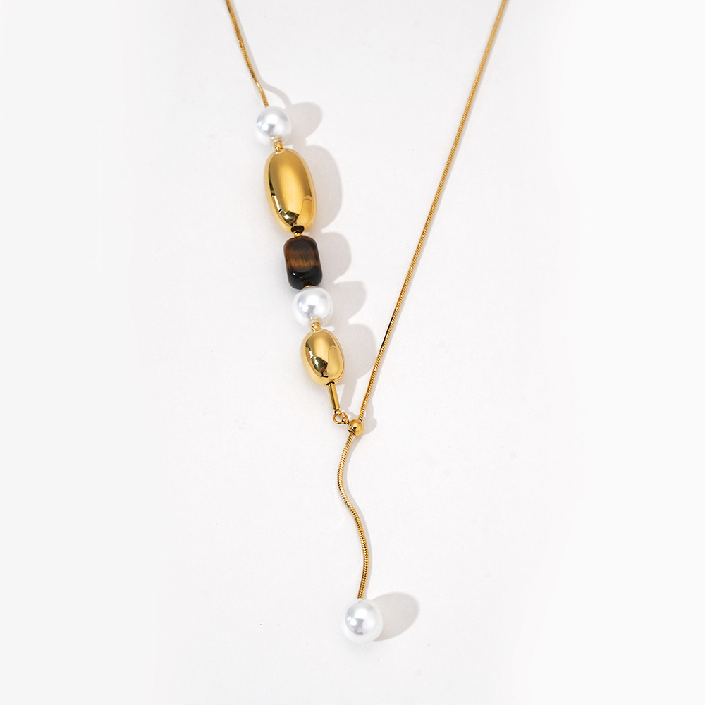 Colliers De Perles Rétro Pour Femmes, En Acier Inoxydable, Imperméables, Couleur Or, Avec Pierres Naturelles Et Perles. Image3
