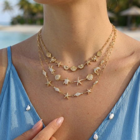 Colliers à maillons pour femmes, style océan, coquillage et étoile de mer, en acier inoxydable étanche, couleur or