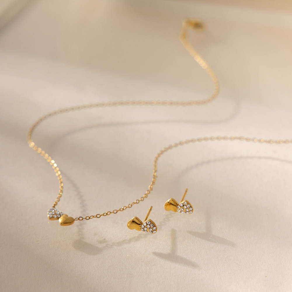 Ensembles De Colliers Pour Femmes En Acier Inoxydable Imperméable, Couleur Or, Avec Strass Et Motif Cœur Simple Image2