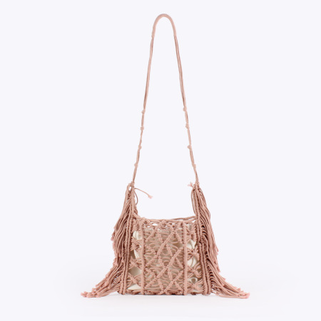 Sac carré pour femme en coton tissé uni à pompons ajourés, style décontracté