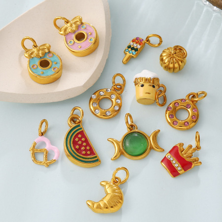 Pendentifs simples à faire soi-même, en forme irrégulière, inspirés des fruits et des aliments, en acier inoxydable étanche, couleur or et strass. 2