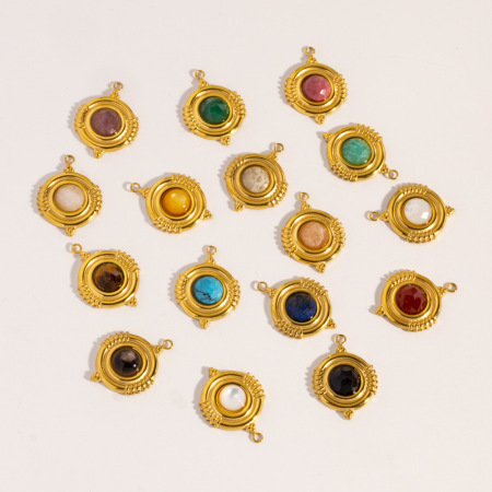 Pendentifs ronds en acier inoxydable, étanches, couleur or, avec pierre naturelle, pour femmes, collection classique à faire soi-même