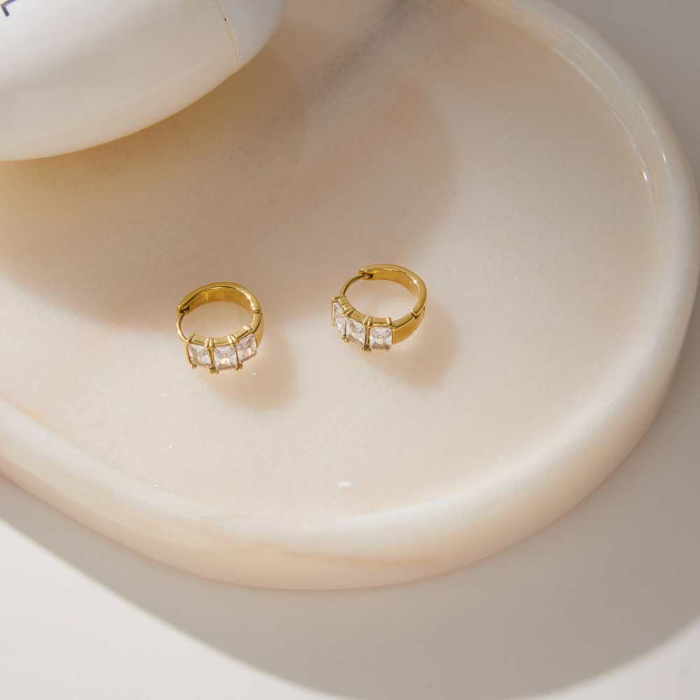 Boucles D'Oreilles Créoles Pour Femmes, Luxueuses Et Simples, Rectangulaires, En Acier Inoxydable Étanche, Couleur Or, Ornées De Zircon. Image3