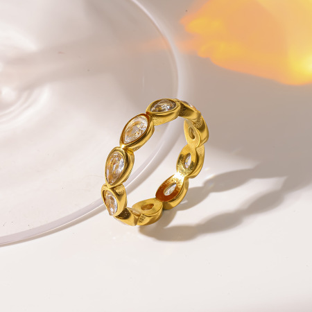 Bagues en acier inoxydable imperméables couleur or avec zircon, collection Simple Series Daily Droplet Patchwork