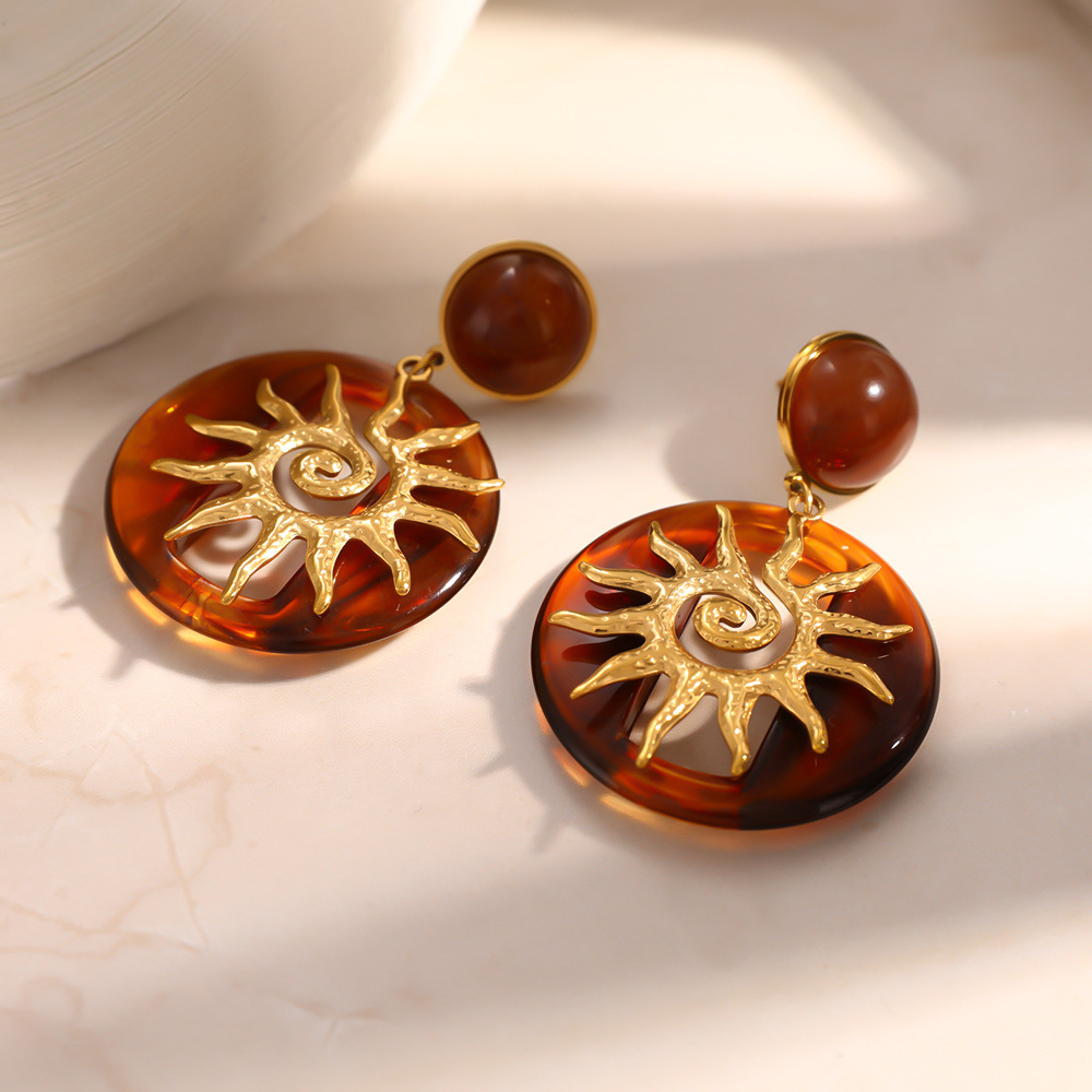 Boucles D'Oreilles Pendantes Pour Femmes, Style Rétro Soleil, En Acier Inoxydable, Couleur Or, Série Simple. Image4