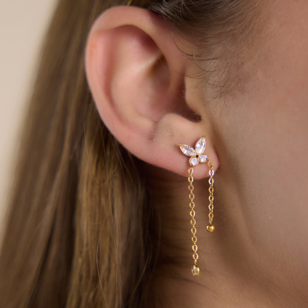 Boucles d'oreilles pendantes pour femme, collection romantique, avec pompon et papillon, en acier inoxydable étanche, couleur or et zircon. 2