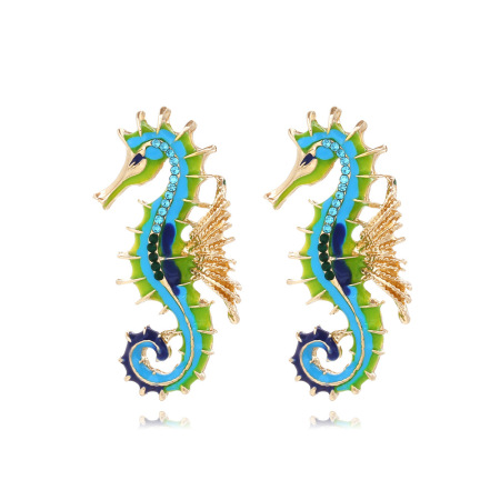 Boucles d'oreilles puces pour femmes, style ethnique, motif hippocampe et or, en alliage et strass, collection vacances.