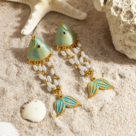 Boucles d'oreilles pendantes pour femme, collection romantique, motif poisson irrégulier, en acier inoxydable, couleur or, étanches. 2