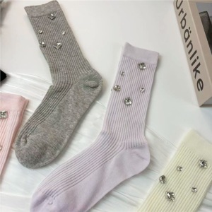 Chaussettes Mi-Mollet Élégantes Unies Ornées De Strass h5 Image2