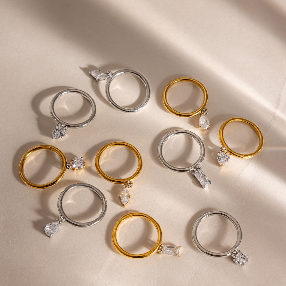 Bagues Pour Femmes En Acier Inoxydable Doré, Forme Géométrique, Étanches, Serties De Zircon. Image2