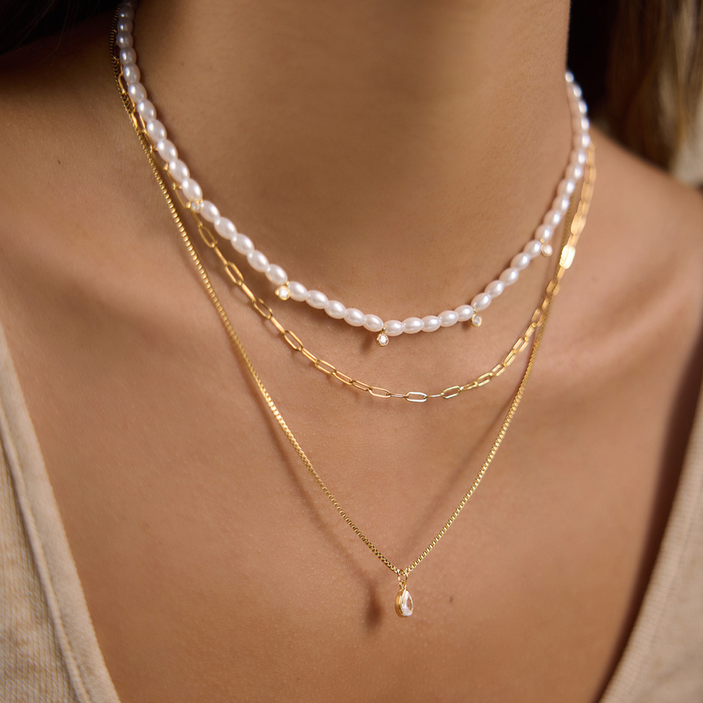 Colliers Superposés Pour Femmes, Collection Simple Series Daily Droplet Chain, En Acier Inoxydable, Couleur Or, Avec Zircon, Étanches. Image2