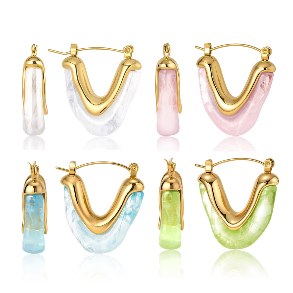 Boucles D'Oreilles Créoles Pour Femmes, Style Rétro Simple, Triangulaires, Dégradé De Couleurs, En Acier Inoxydable, Imperméables Et En Acrylique Doré. Image5