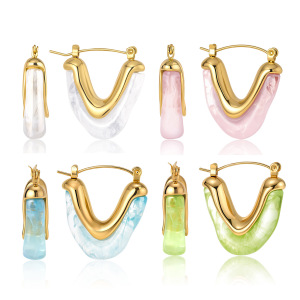 Boucles D'Oreilles Créoles Pour Femmes, Style Rétro Simple, Triangulaires, Dégradé De Couleurs, En Acier Inoxydable, Imperméables Et En Acrylique Doré. h5 Image5