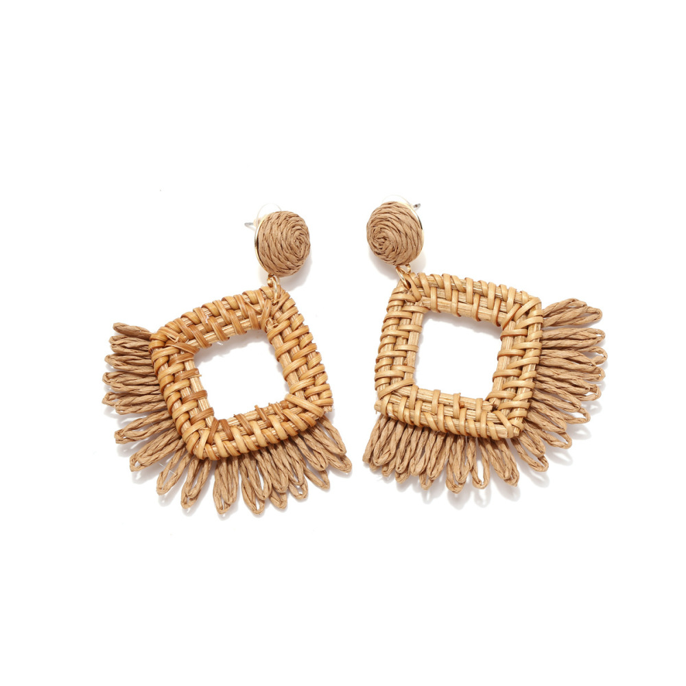 Boucles D'Oreilles Pendantes Rectangulaires En Raphia, Motif Floral Romantique, Collection Vacances, Pour Femmes h5Image3