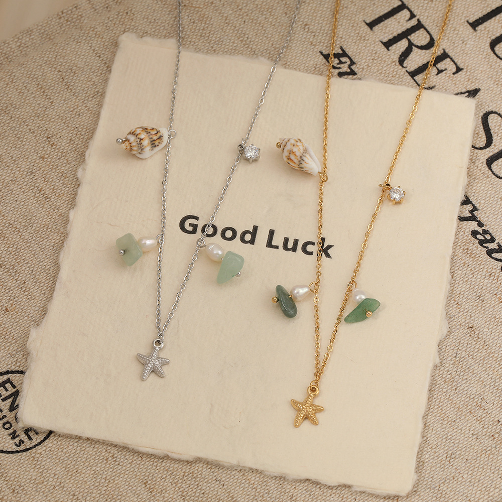 Colliers Pendentifs Pour Femmes En Acier Inoxydable, Couleur Or, Avec Étoile De Mer, Pierre Naturelle Et Coquillage En Zircon, Style Océanique Image2
