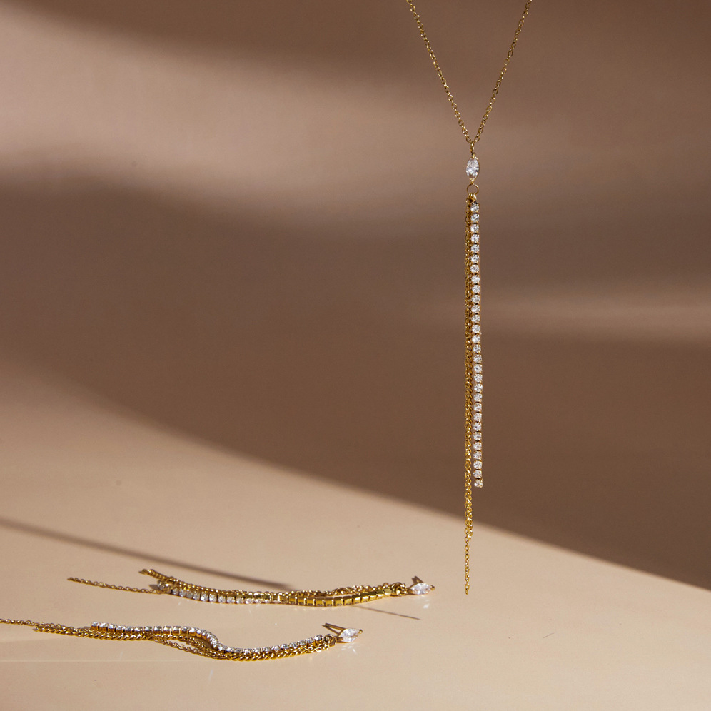 Ensembles De Colliers Pour Femmes Luxueux, Ornés De Zircons, En Acier Inoxydable Imperméable Et À Pompon, Couleur Or. Image2