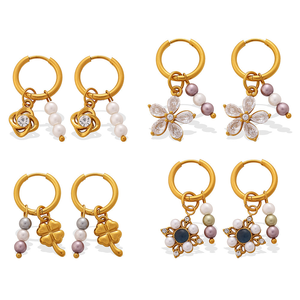 Boucles D'Oreilles Pendantes Pour Femme, En Acier Inoxydable Doré, Imperméables, Ornées De Strass Et De Zircon, Motif Trèfle Et Fleurs Image4