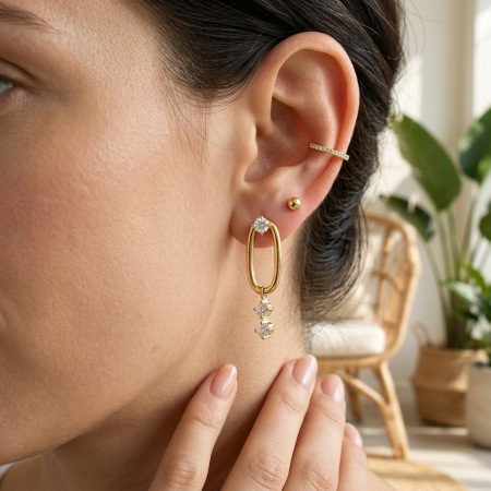 Boucles d'oreilles pendantes pour femme, style simple, rectangulaire, en acier inoxydable, étanches, couleur or, avec zircon. 2