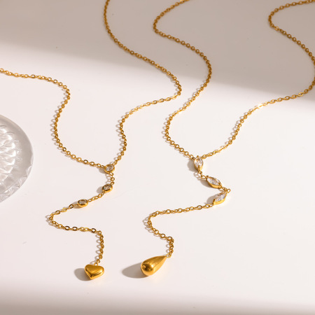 Collier pendentif élégant en forme de cœur et goutte d'eau, en acier inoxydable étanche, couleur or, avec zircon.
