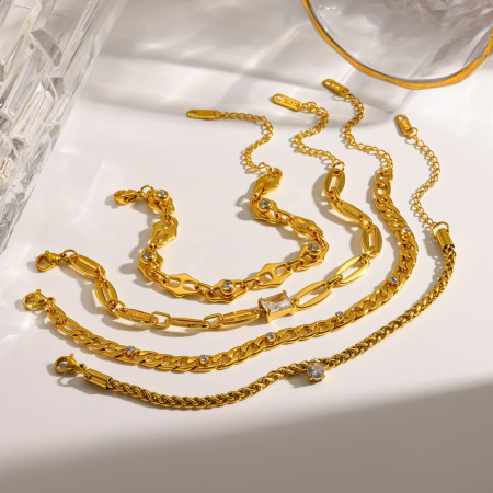 Bracelet à maillons pour femme en acier inoxydable doré, imperméable, de forme géométrique et orné de strass.