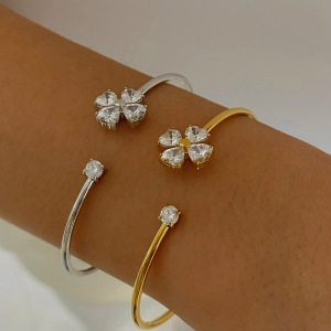 Bracelet Manchette Femme En Acier Inoxydable, Orné D'Un Cœur Fleuri Et De Zircon Doré, Étanche. h5 Image2