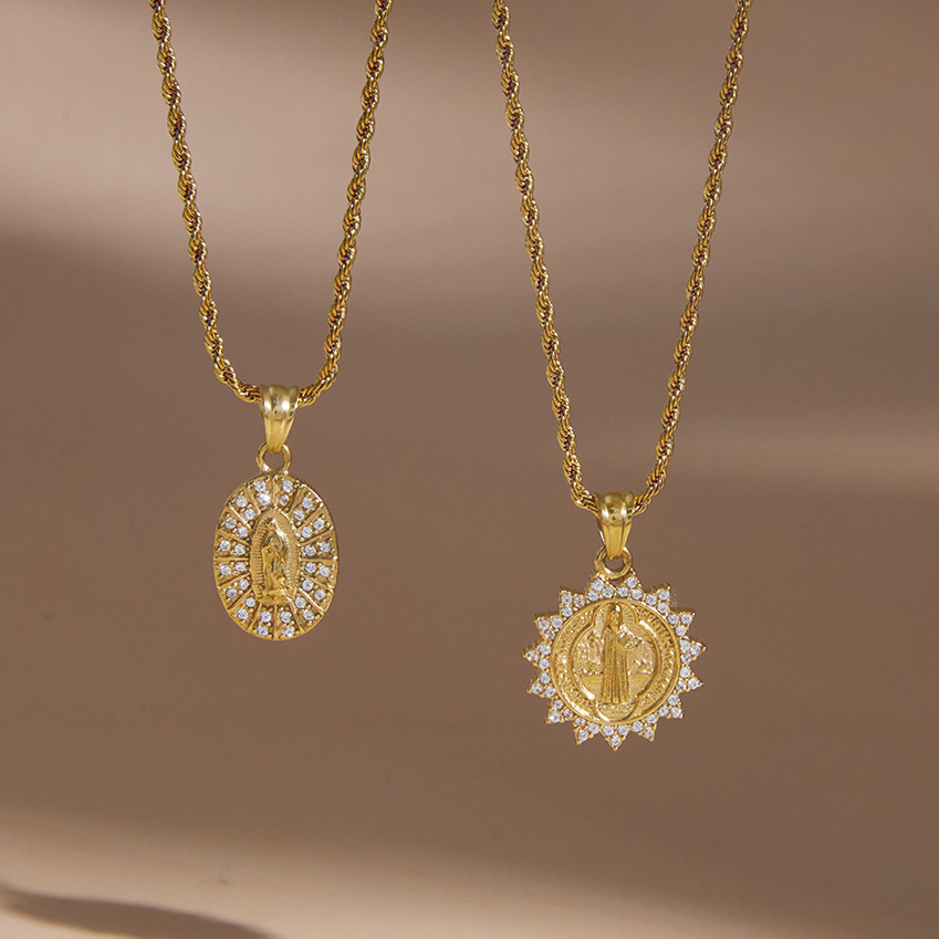 Colliers Pendentifs Pour Femmes De La Luxueuse Série Rétro En Forme De Croix Elliptique, En Acier Inoxydable Étanche Couleur Or Image3