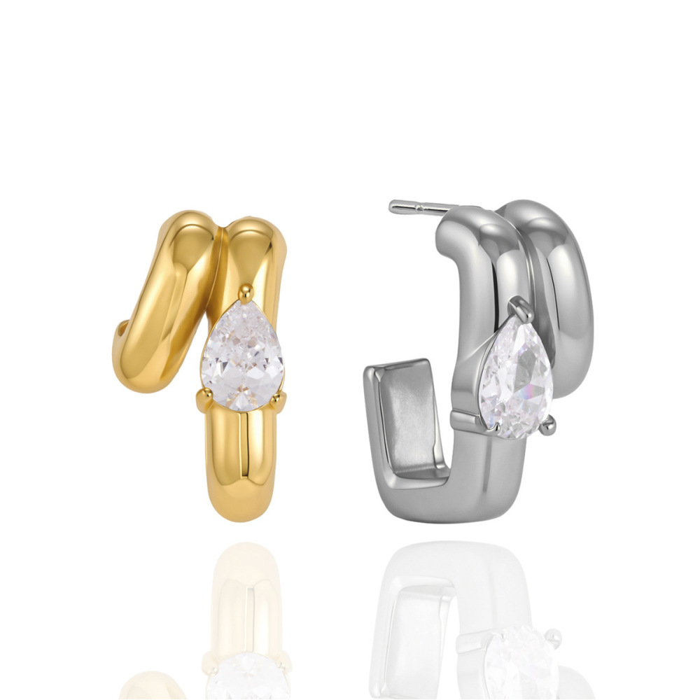 Boucles D'Oreilles Puces Pour Femmes, Forme Irrégulière En Goutte Décontractée, En Acier Inoxydable Étanche, Couleur Or, Avec Zircon. h5Image5