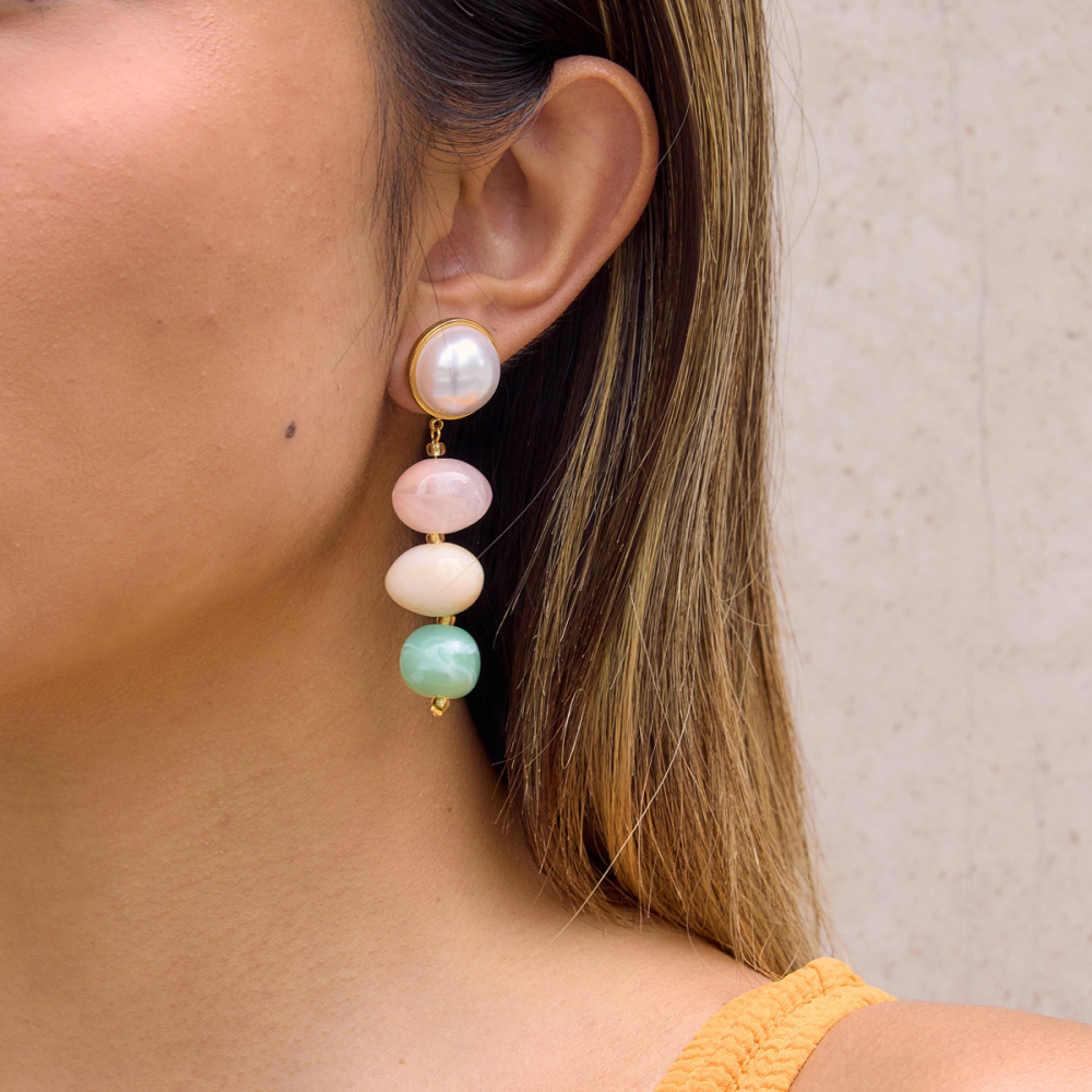 Boucles D'Oreilles Pendantes Romantiques En Acier Inoxydable, Imperméables, Couleur Or, Ornées De Perles. Collection Sweet Patchwork Circle. Image3