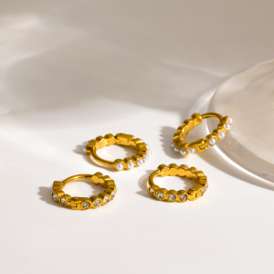 Boucles D'Oreilles Créoles Simples Pour Femmes, En Acier Inoxydable, Étanches, Couleur Or, Ornées De Strass Et De Perles Artificielles. h5 Image3