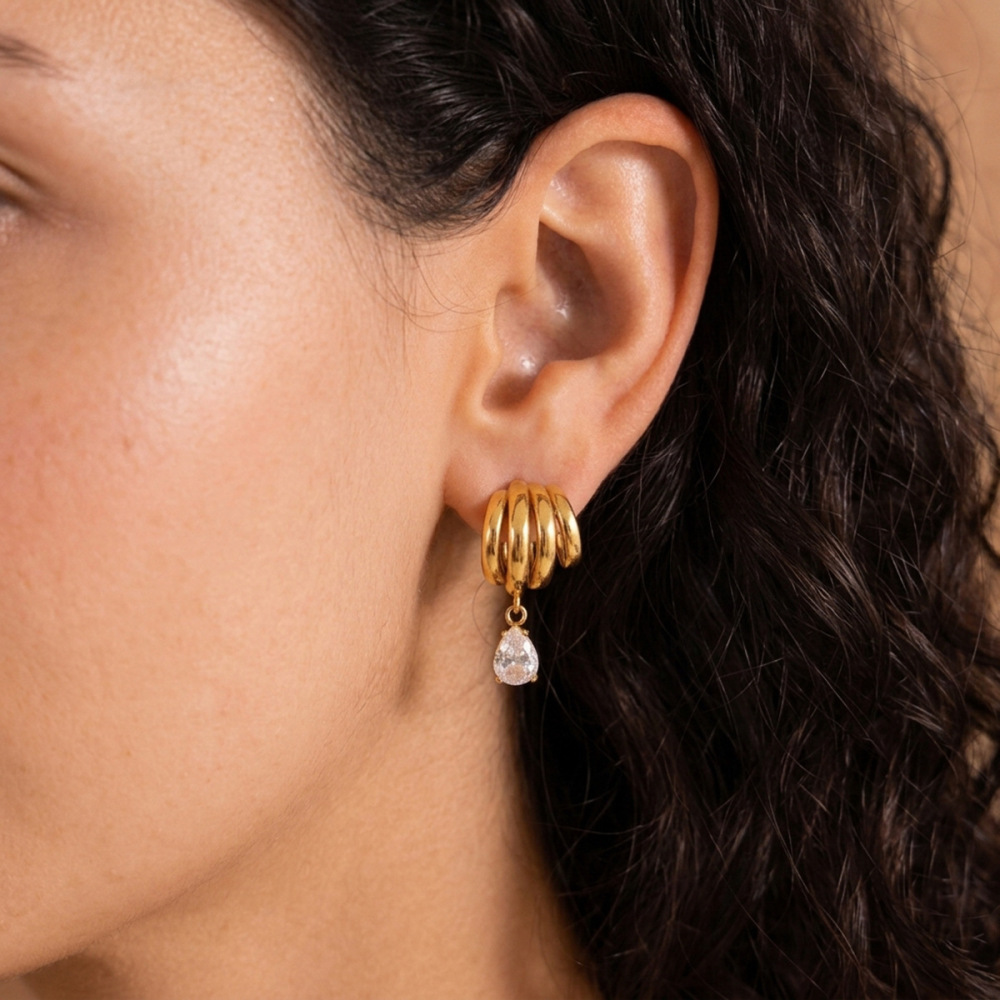 Boucles D'Oreilles Pendantes Pour Femmes, En Acier Inoxydable Étanche, Couleur Or, Ornées De Zircon, Motif Goutte D'Eau Irrégulière. Image2