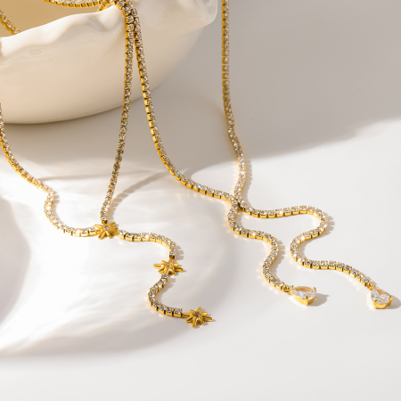 Colliers pendentifs pour femmes, série luxueuse, élégants, en forme de goutte d'eau et étoile, en acier inoxydable étanche couleur or et zircon.