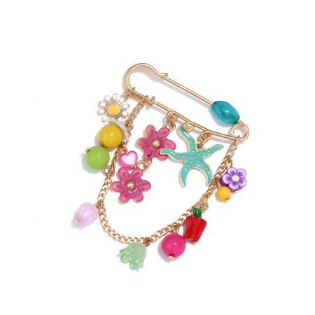 Broches en alliage à motif d'étoiles de mer multicolores, style océan, avec pompons et fleurs de vacances, collection romantique 2
