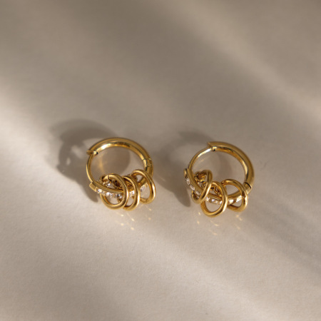 Boucles d'oreilles créoles pour femmes en acier inoxydable étanche, couleur or, avec zircon.