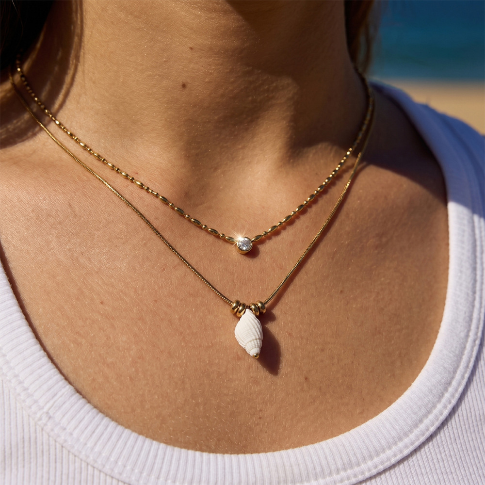 Collier Pendentif Femme En Acier Inoxydable Doré, Forme Irrégulière, Coquillage Et Étoile De Mer, Romantique Et Mignonne Image2