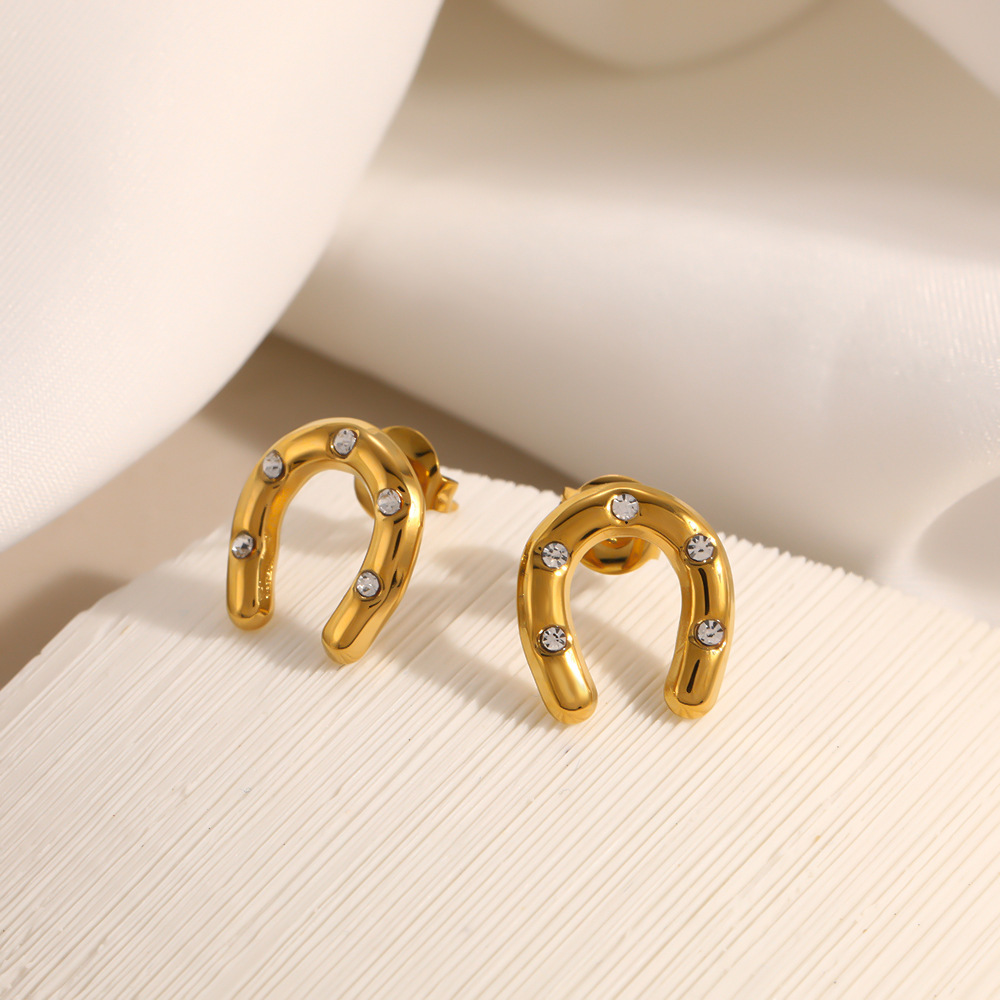 Boucles D'Oreilles Puces Pour Femmes En Acier Inoxydable, Forme Elliptique En Fer À Cheval, Couleur Or, Zircon Et Verre, Étanches. Image2