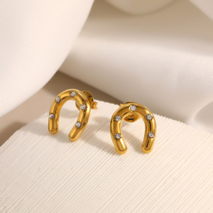 Boucles D'Oreilles Puces Pour Femmes En Acier Inoxydable, Forme Elliptique En Fer À Cheval, Couleur Or, Zircon Et Verre, Étanches. h5 Image2