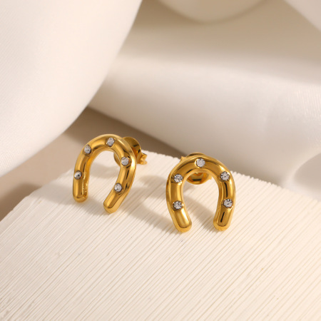 Boucles d'oreilles puces pour femmes en acier inoxydable, forme elliptique en fer à cheval, couleur or, zircon et verre, étanches. 2
