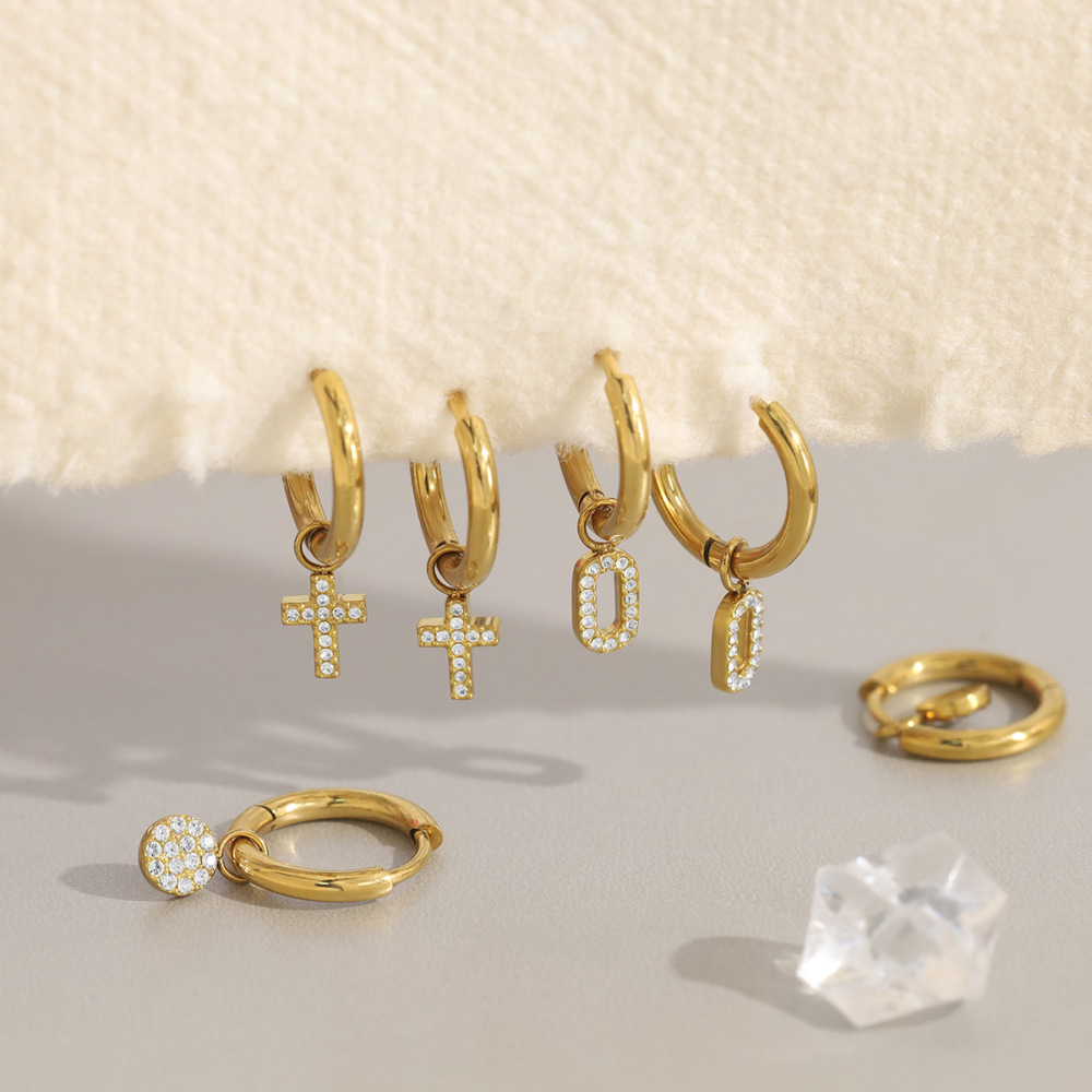 Boucles D'Oreilles Pendantes Pour Femme, En Acier Inoxydable, Couleur Or, Ornées D'Une Croix Et De Zircon, Étanches Et Serties De Fleurs. Image2