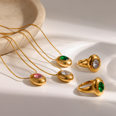 Ensembles de colliers pour femmes en acier inoxydable imperméable, forme elliptique simple, couleur or, zircon.