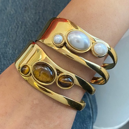 Bracelets manchettes pour femmes en acier inoxydable doré, forme géométrique, étanches, avec pierre naturelle