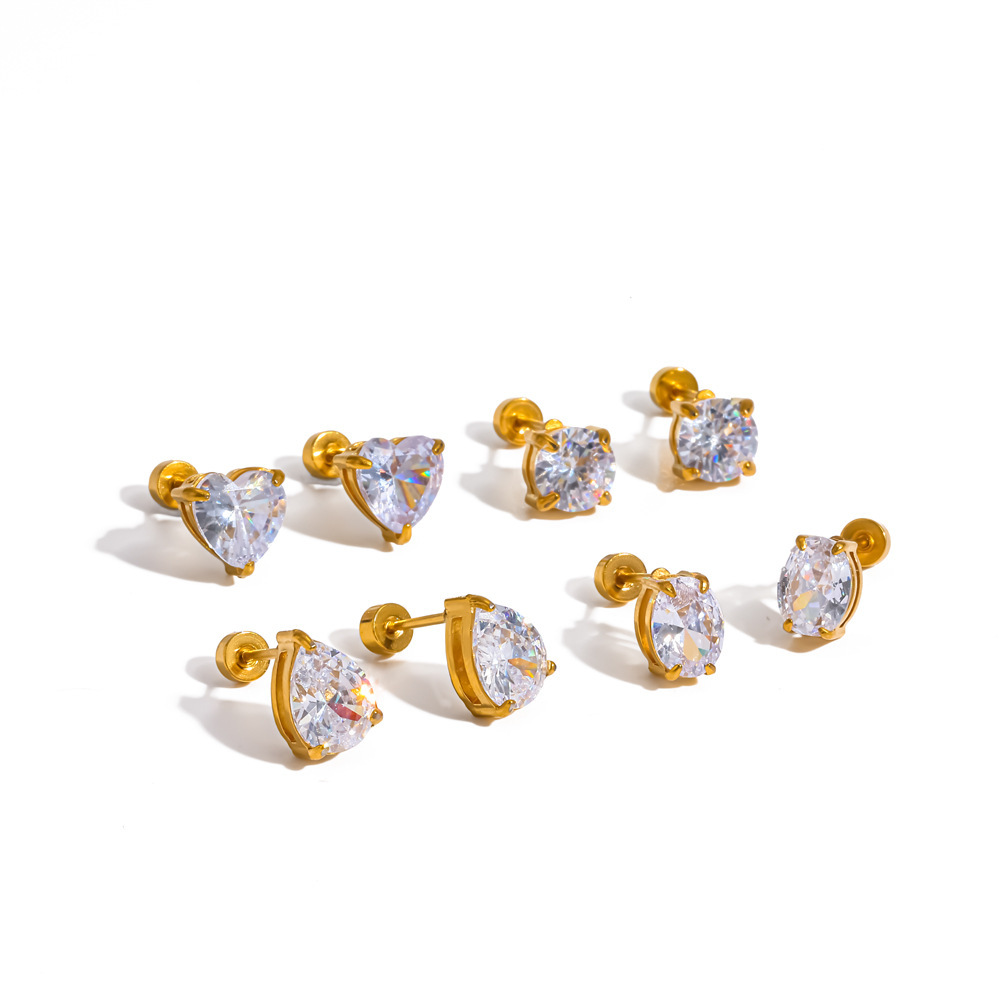 Boucles D'Oreilles Puces Simples En Acier Inoxydable Étanche Couleur Or Avec Strass Pour Femmes Image4