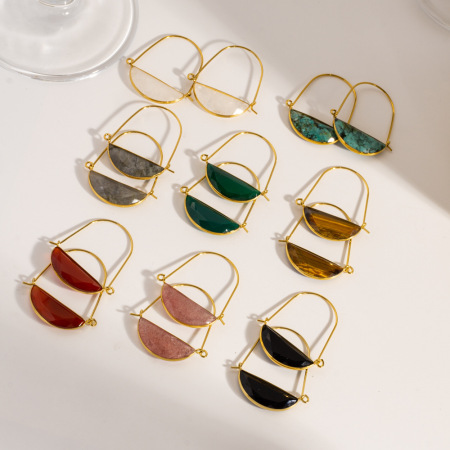 Boucles d'oreilles créoles élégantes en forme d'ellipse, en acier inoxydable, couleur or, imperméables, avec pierre naturelle, collection Simple Series 2