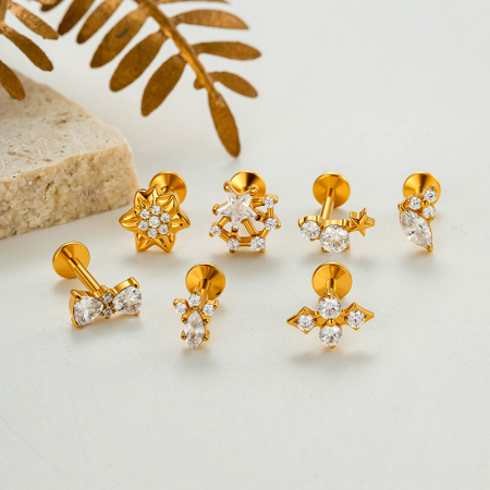 Boucles d'oreilles piercing pour femme, en alliage de titane doré avec zircon, motif nœud papillon et étoile, collection Simple Series